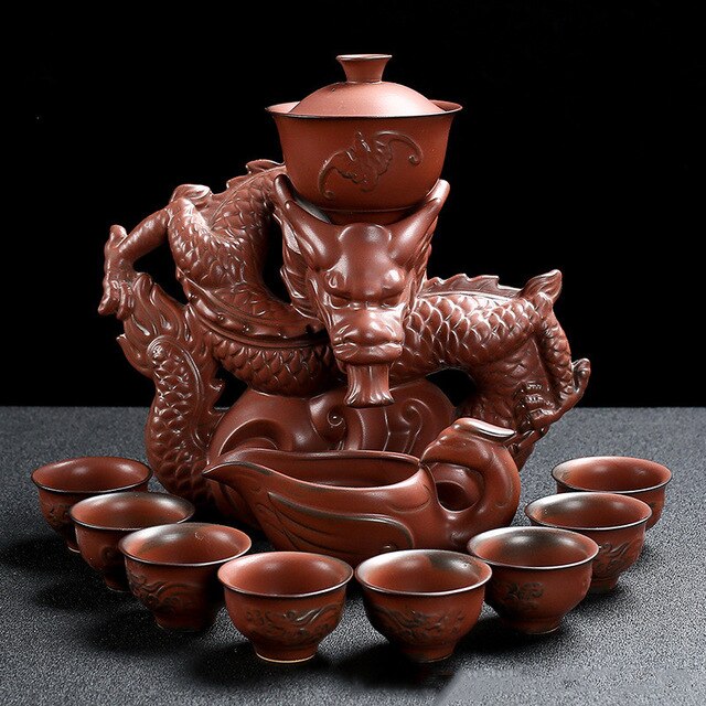 Teh keramik naga set dengan infuser teh spin semi-otomatis