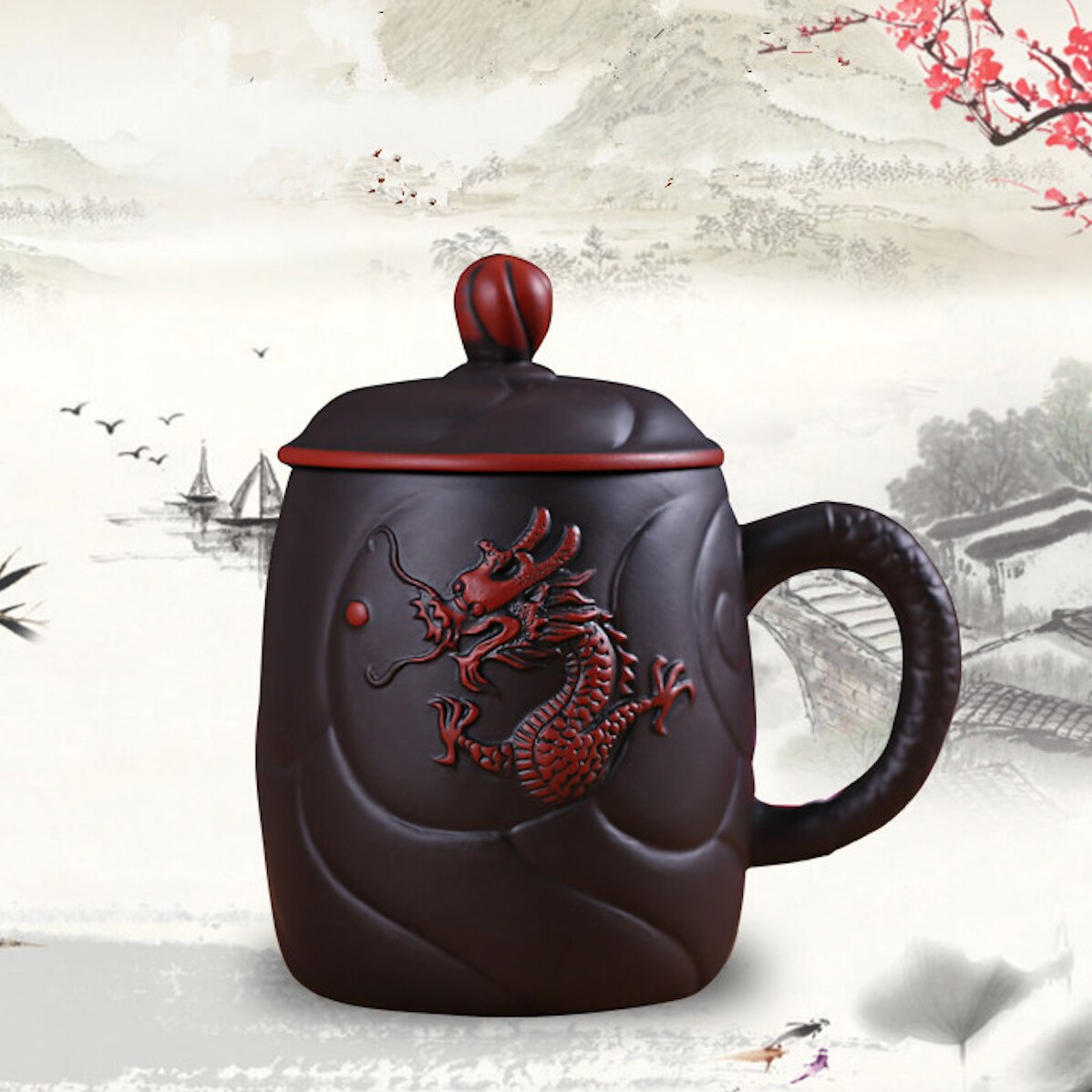 Taza de té de dragón de arcilla púrpura Yixing con infusor
