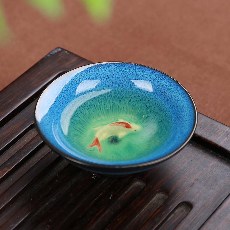 중국 도자기 물고기 차 세트 | 컵이있는 중국 주전자
