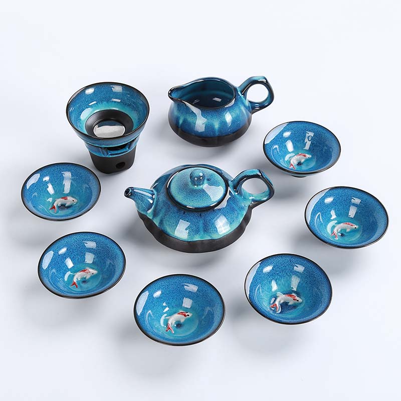 Chinese Porcelain Fish Tea Set | Chinese Teapot with Cups