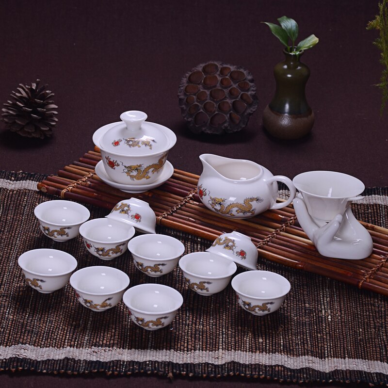Set di tè al loto in porcellana di giada cinese Gaiwan