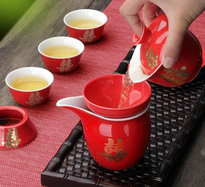 Kinesiska lyxiga keramiska röda bröllopsteuppsättning | Kinesisk tesats