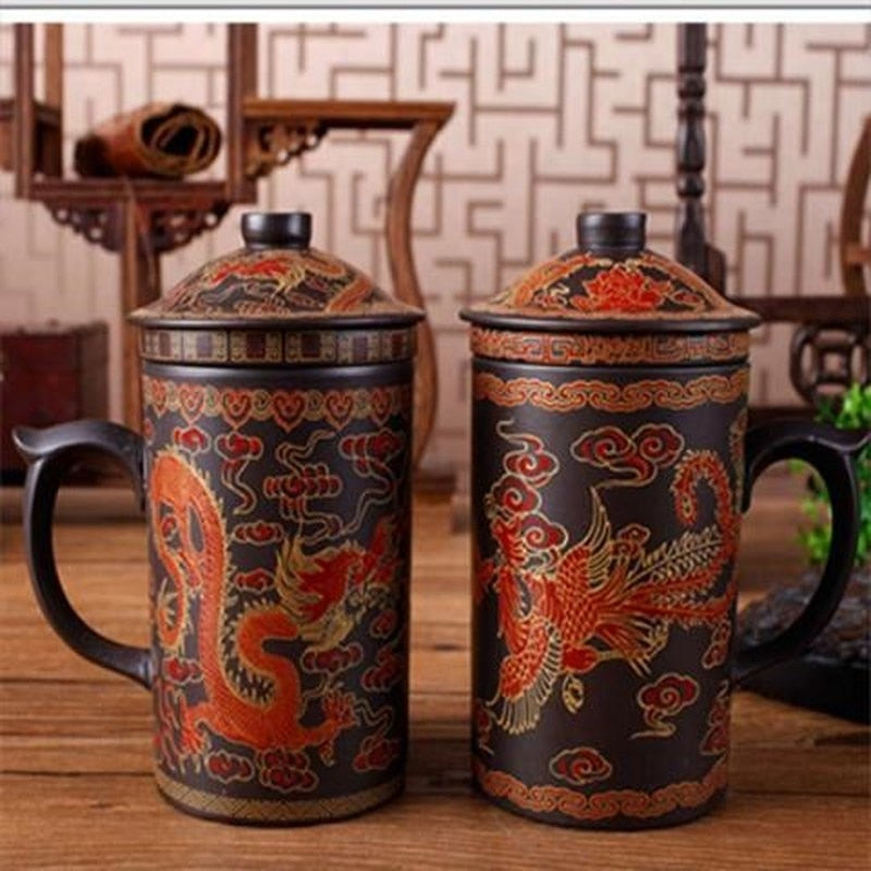 Dragão chinês tradicional caneca de chá de argila roxa com linhagem de tampa