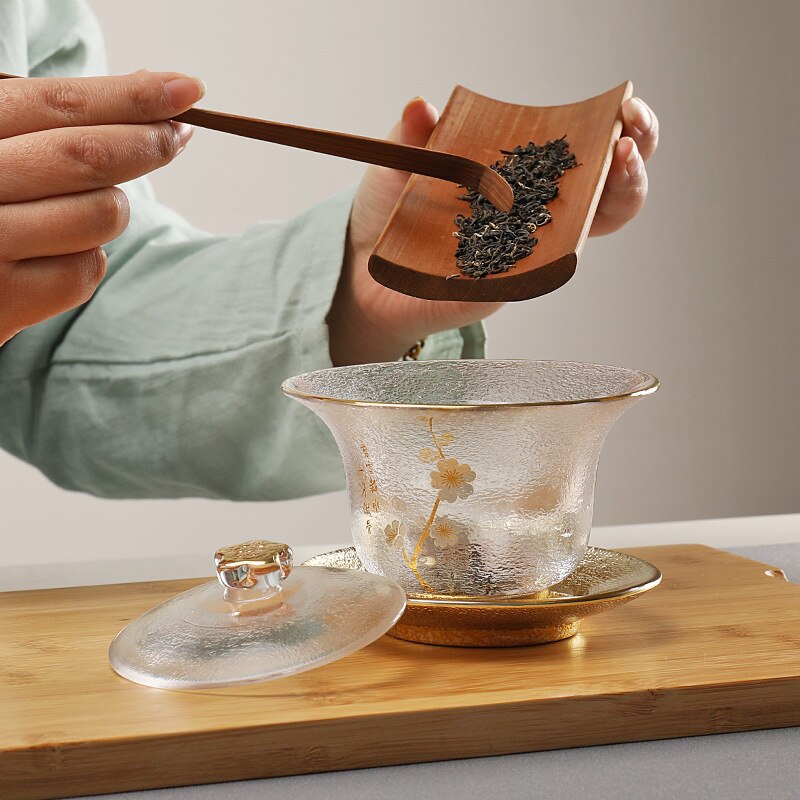 Japoński szklany gaiwan z blaszaną śliwką