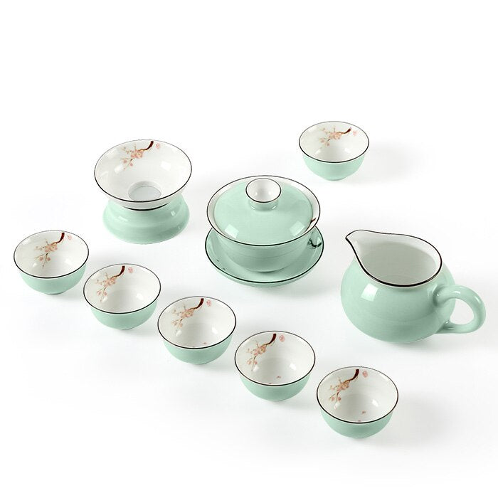 Set da tè cinese in porcellana verde e bianco
