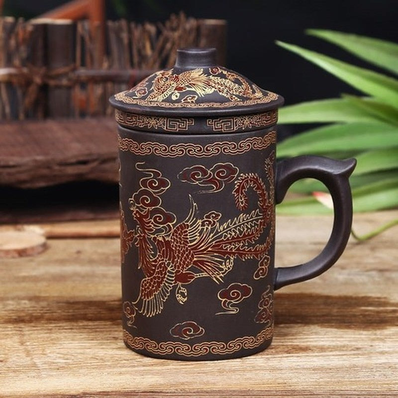 Taza de té de arcilla púrpura dragón chino tradicional con colador de tapa