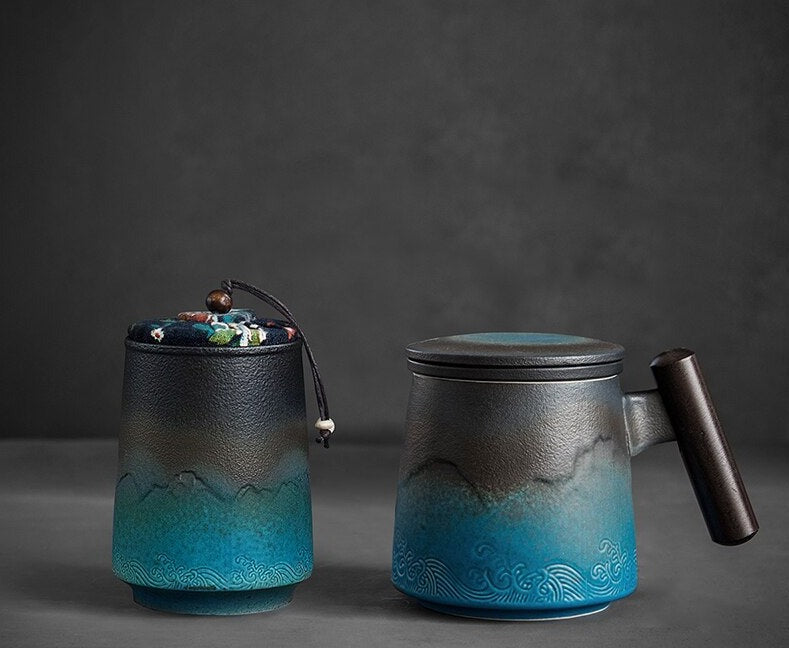Cangkir teh keramik Jepang mewah dengan buatan tangan kayu