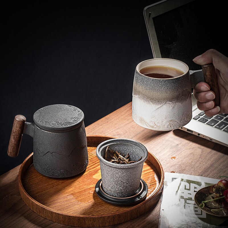 Luxury Japanese Ceramic Tea Cup with Wooden Handmade