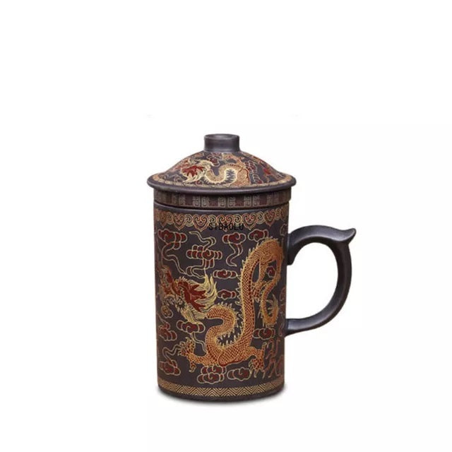 Traditional Chinese Dragon Purple Clay Tea Mug with Lid Strainer